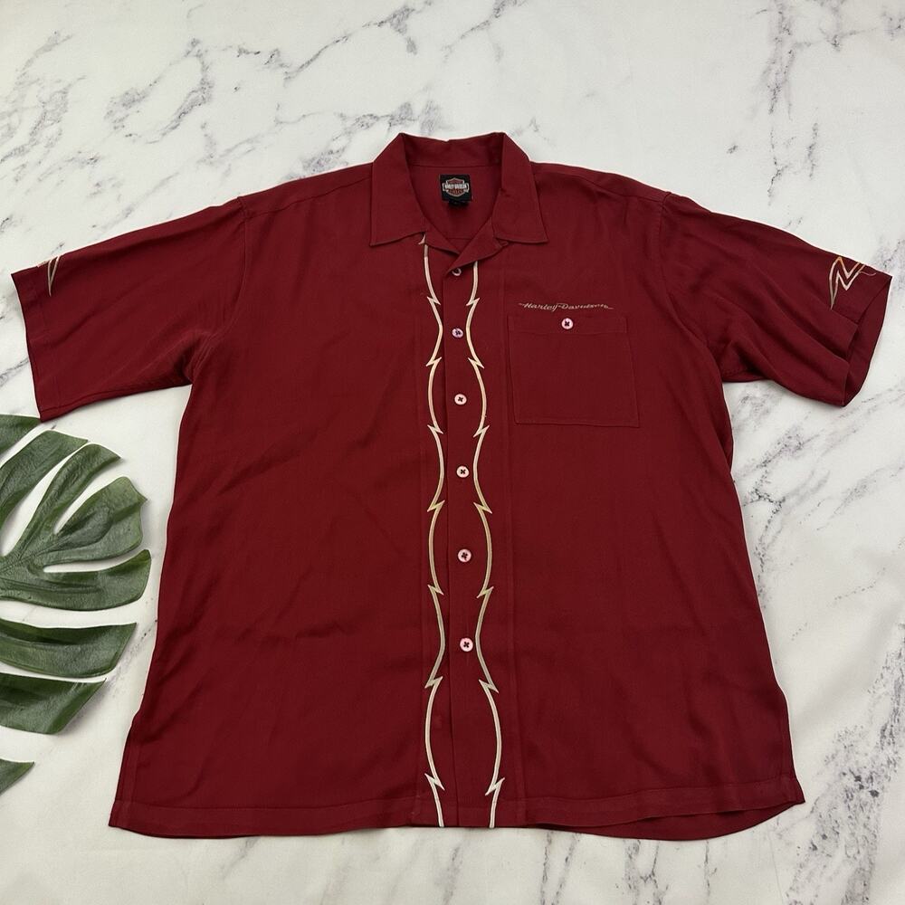 Harley Davidson Mens Silk Button Up Shirt Size L Red Flame Embroidered Camp